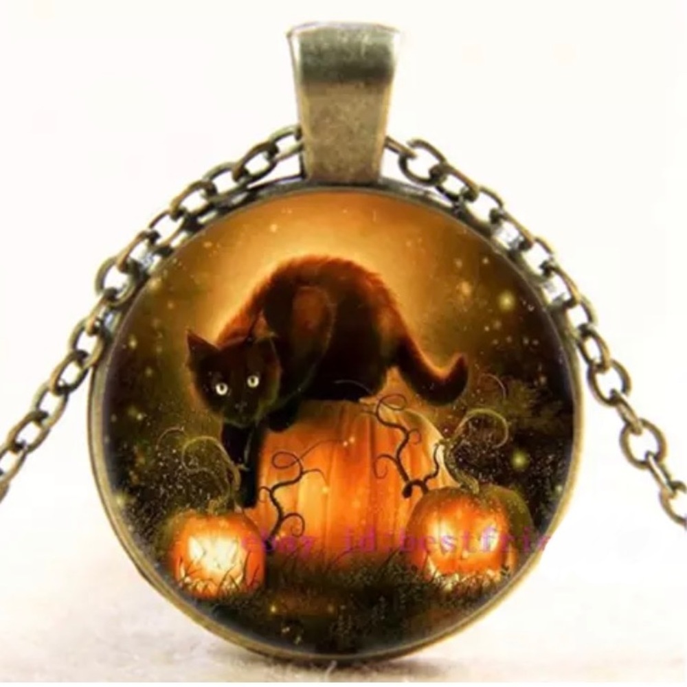 Halloween cat brass glass necklace